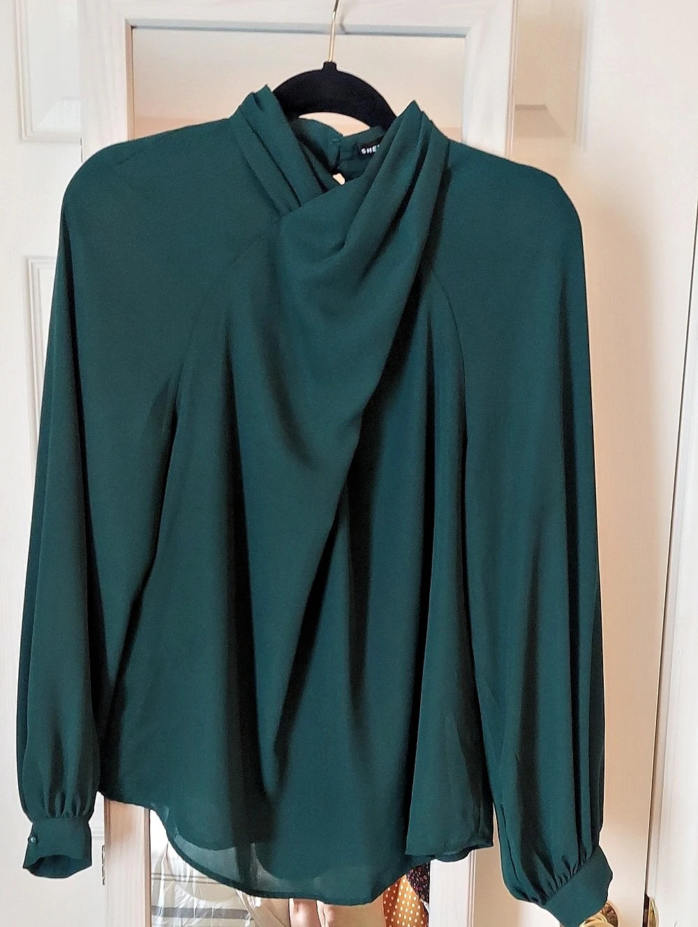 SHEIN Clasi Draped Collar Long Sleeve Blouse Green